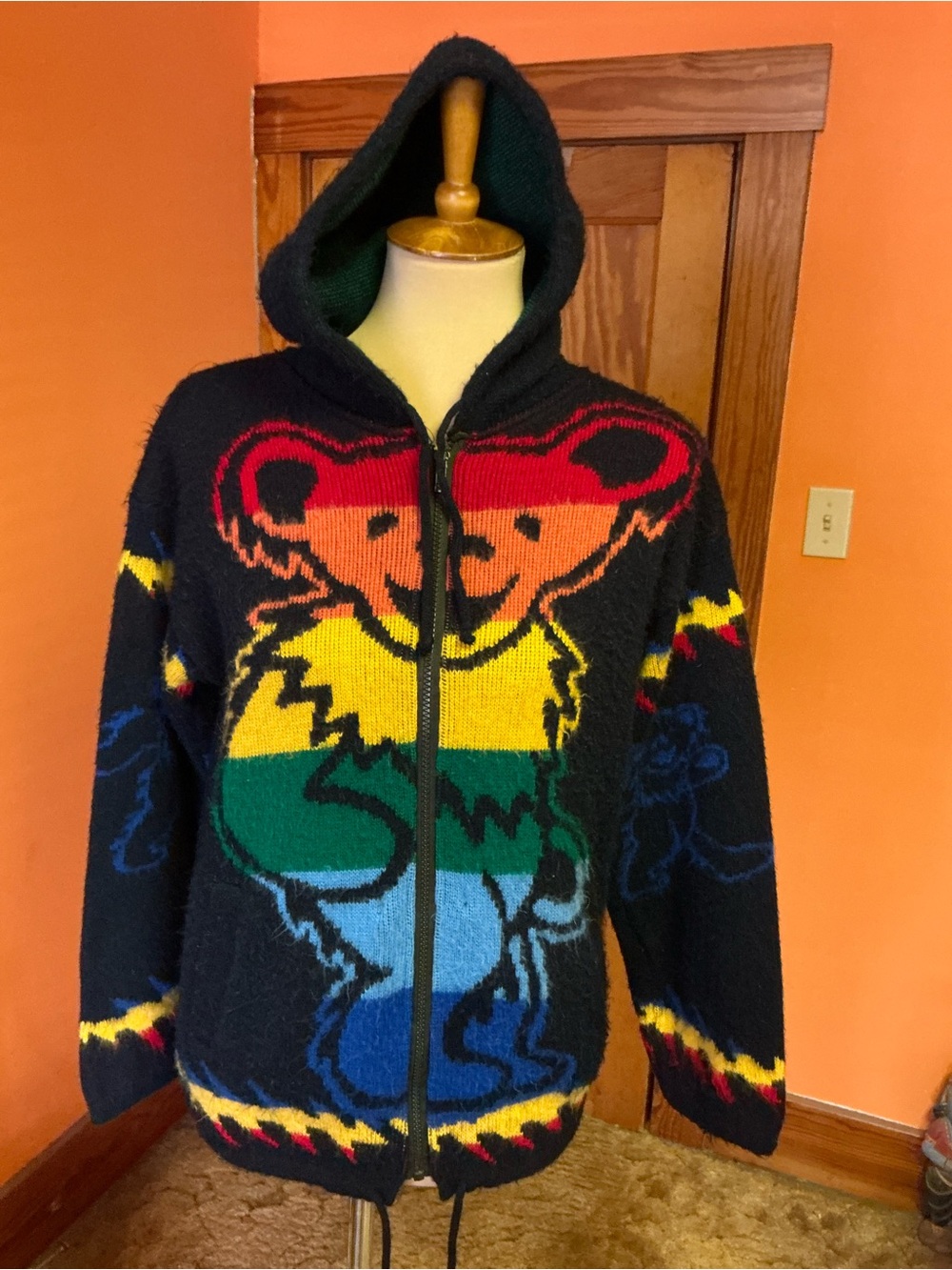 Grateful Dead Dancing Bear Rainbow Knit Zip Hoodie Sweater Full Zip Deadhead - Picture 7 of 14